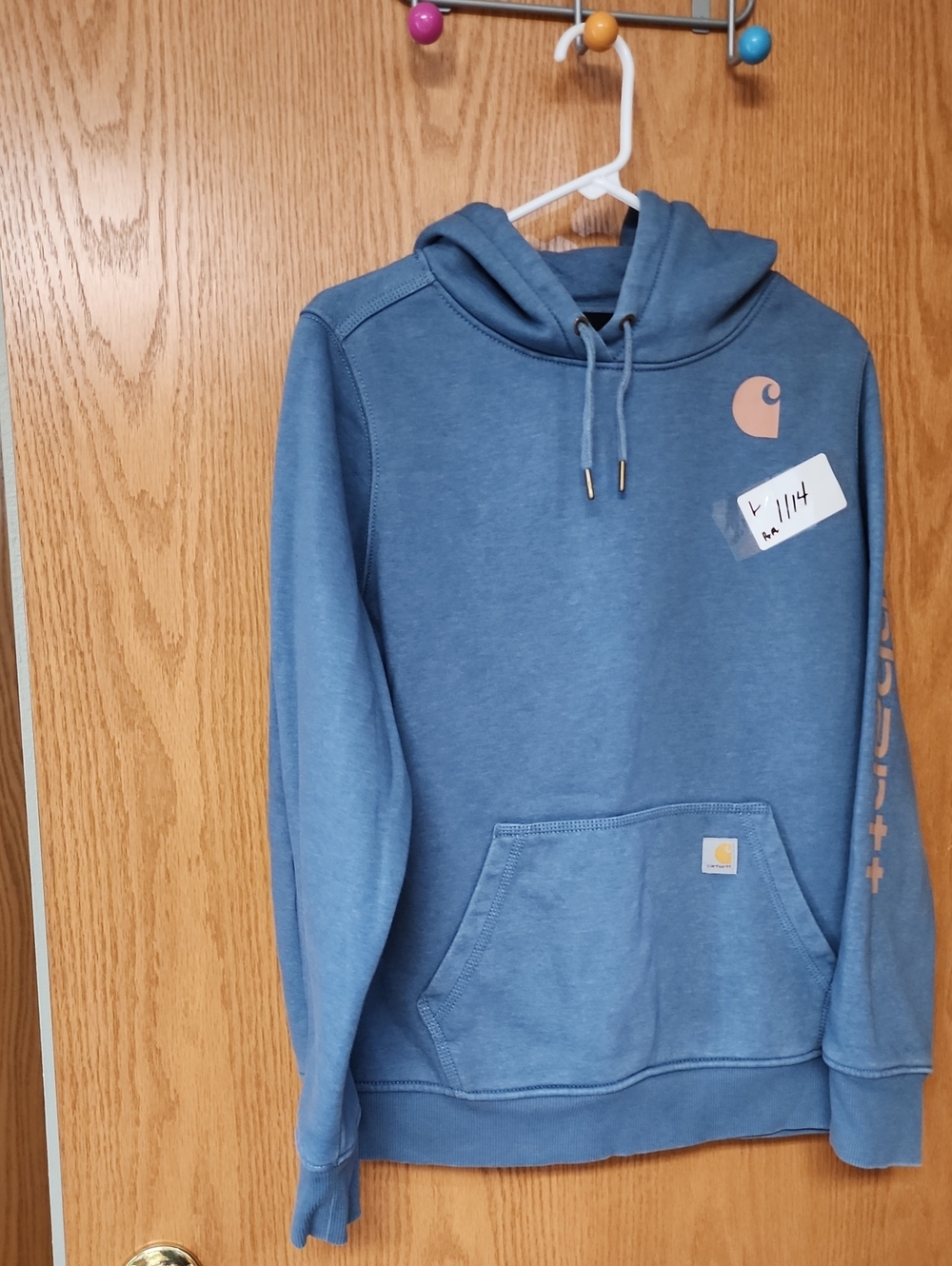 Carhartt womens Slate Blue Crewneck Hoodie with Tan Logo L number 1114 - Picture 2 of 6